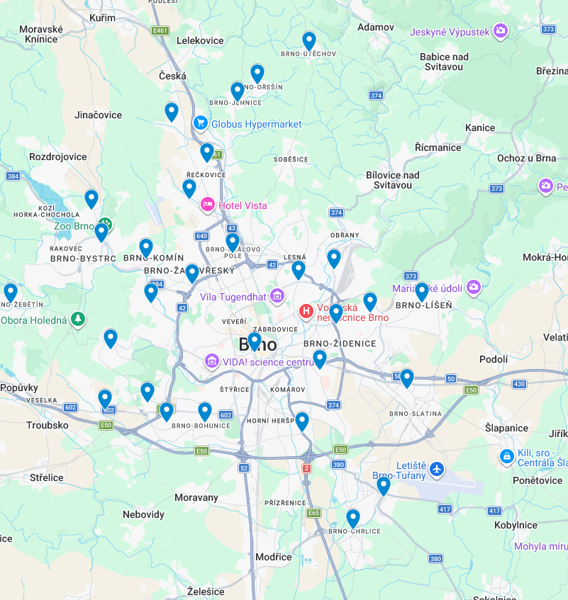 Skutečná mapa Brna s městskými částmi